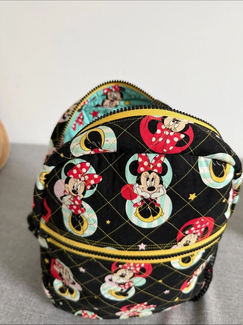 Minnie Mouse Black Quilted small Backpack with Yellow Zipper